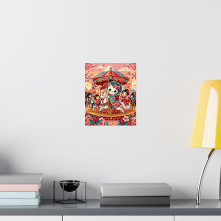 🎠🌸 Geisha Kitten's Enchanted Carousel Ride Matte Vertical Poster – Whimsical Dreams & Cherry Blossom Magic