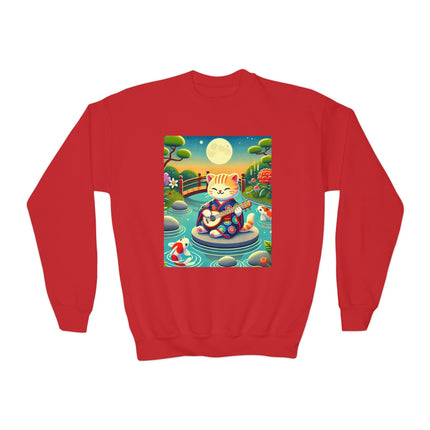 Melodic Kitten by the Koi Pond Youth Crewneck Sweatshirt – Harmony, Joy & Whimsical Charm