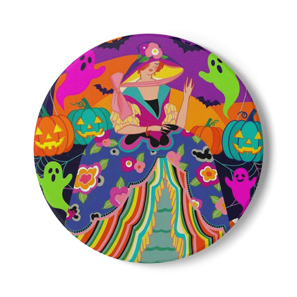 🌈👻 The Rainbow Ghost Masquerade Ceramic Coaster – Colorful Halloween Charm