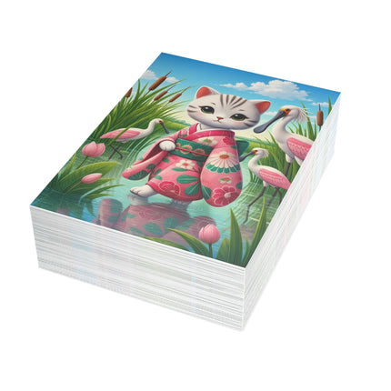 🐱🪷 The Lotus Pond Kitten Greeting Card – Whimsical Garden Elegance