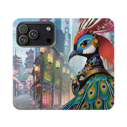 🦚🌸 Techno Plumes Peacock Flip Case – Neon Elegance & Sakura Dreams
