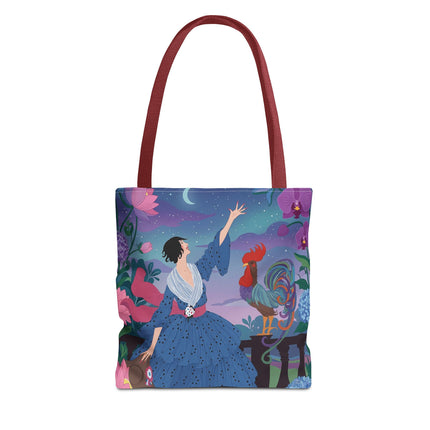 🌙🐓 The Lady Of The Moonlit Rooster Garden Tote Bag – Art Deco Floral Fantasy