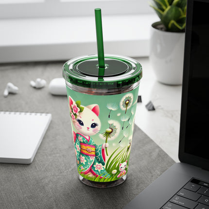 Geisha Kitten and the Dandelion Wish Sunsplash Tumbler with Straw, 16oz