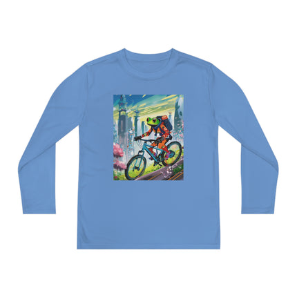 Cyberpunk Frog Youth Long Sleeve Competitor Tee – Neon Trails & Futuristic Adventure
