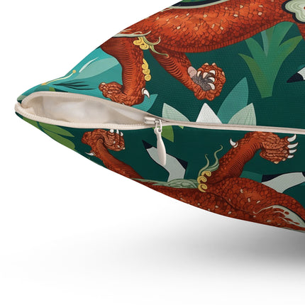 🐉🌿 The Dragon Keeper Square Pillow – Art Deco Floral Fantasy