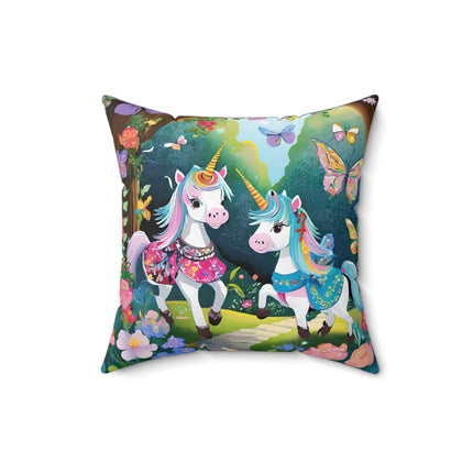Baby Unicorns and Fluttering Butterflies Spun Polyester Square Pillow