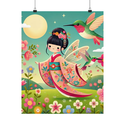🧚🌺 Geisha Fairy and the Hummingbird Blossom Matte Vertical Poster – Grace, Wonder & Floral Magic