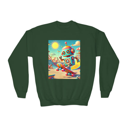 Skate Park Robot Youth Crewneck Sweatshirt – Energy, Motion & Retro-Futuristic Fun