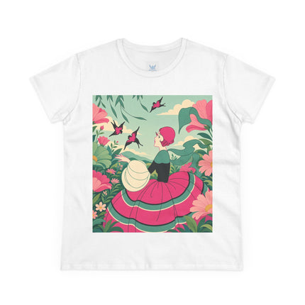 🐦🌺 The Garden Of Flying Birds Cotton Tee – Art Deco Floral Whimsy