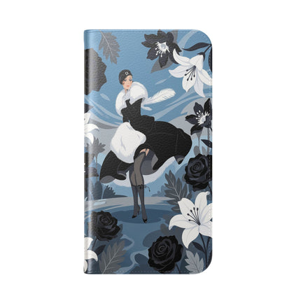 🖤🤍 The Lady Of The Black Rose Garden Flip Case – Art Deco Floral Elegance