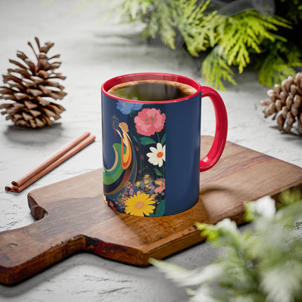 The Lady And The Crimson Moonbird Colorful Mugs – Art Deco Whimsical Garden Elegance