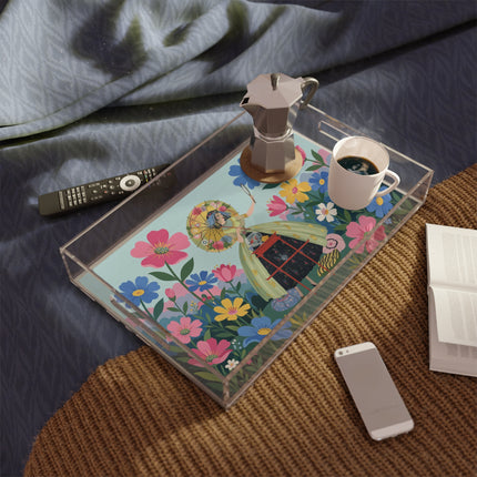 🌸🪞 The Floral Parasol Reflection Acrylic Serving Tray – Art Deco Garden Fantasy