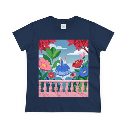 🌸💙 The Lady Of The Flower Terrace Cotton Tee – Colorful Art Deco Garden Elegance