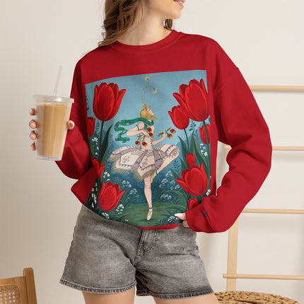 🌷🩰 The Scarlet Tulip Ballet Crewneck Sweatshirt – Art Deco Floral Whimsy