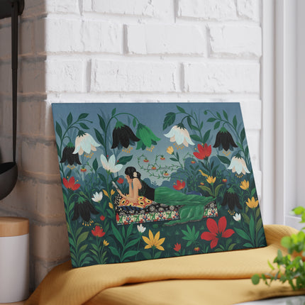 🌺🔍 The Lady In The Secret Garden Glass Cutting Board – Art Deco Floral Elegance