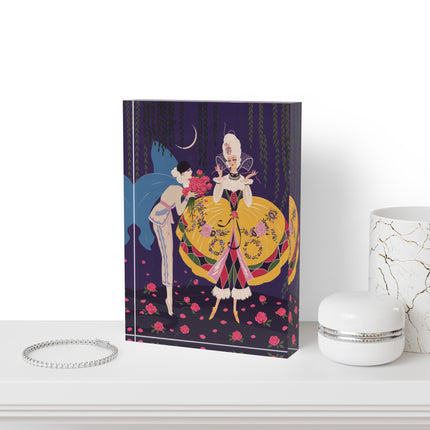 🌹🌙 The Lady Of The Moonlit Rose Masquerade Acrylic Art Block – Art Deco Fashion Illustration