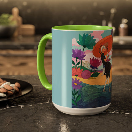 The Lady Of The Coral Parasol Colorful Mugs – Art Deco Coastal Elegance