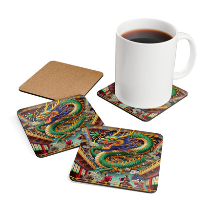 Tibetan Dragon Over Kabuki Duel Corkwood Coaster Set