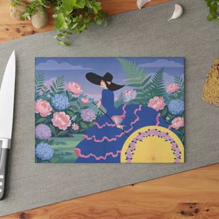 🌸🎩 The Lady Of The Hydrangea Promenade Glass Cutting Board – Art Deco Garden Elegance