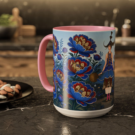 💙🌺 The Sapphire Blossom Garden Dancer Colorful Mug – Art Deco Fashion Fantasy