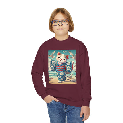 Geisha Kitten by the Seaside Youth Crewneck Sweatshirt – Coastal Charm, Joy & Whimsical Elegance