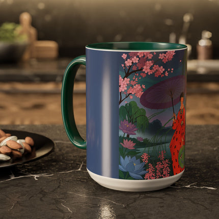The Lady Of The Cherry Blossoms Colorful Mugs – Art Deco Spring Elegance