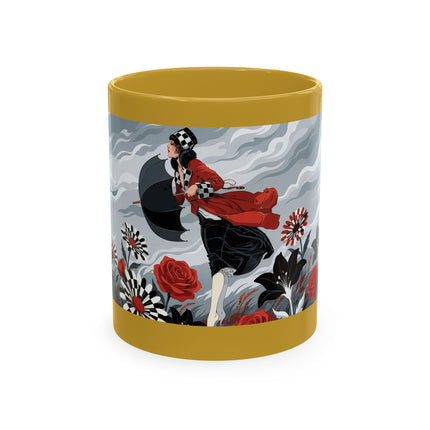 ☂️🌹 The Lady In The Windy Rose Garden Ceramic Mug – Art Deco Fashion Whimsy