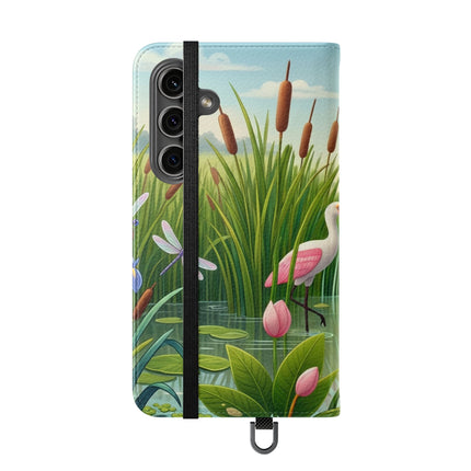 🦩🌸 Geisha Kitten Strolls Among the Spoonbills Flip Case – Serene Grace & Marshland Wonder