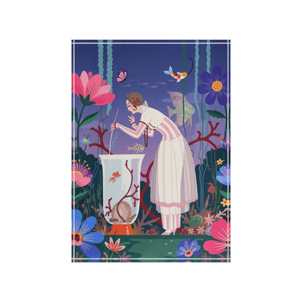 🐠🌸 The Lady Of The Enchanted Aquarium Acrylic Art Block – Art Deco Underwater Whimsy Description
