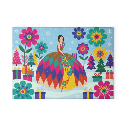 🌸🎄 The Lady Of The Kaleidoscope Garden Glass Cutting Board – Art Deco Christmas Fantasy