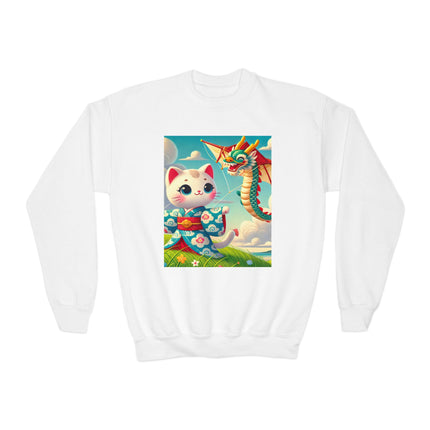 Geisha Kitten and the Dragon Kite Youth Crewneck Sweatshirt – Freedom, Motion & Playful Spirit