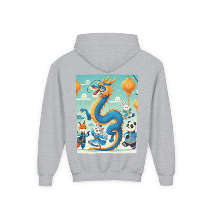 Blue & Gold Dragon Festival Parade Youth Hooded Sweatshirt – Joyful Celebration & Cultural Magic