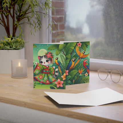 🌺🦜 The Tropical Parrot Kimono Kitten Greeting Card – Whimsical Jungle Elegance
