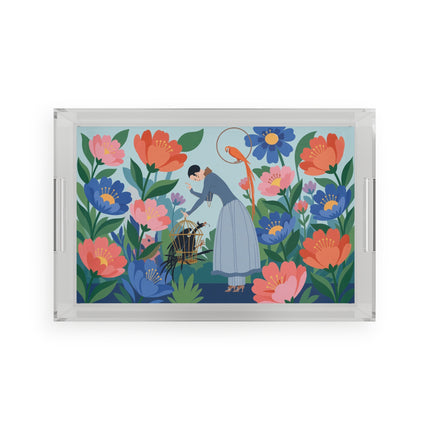 🦜🌺 The Lady Of The Garden Aviary Acrylic Serving Tray – Art Deco Floral Whimsy