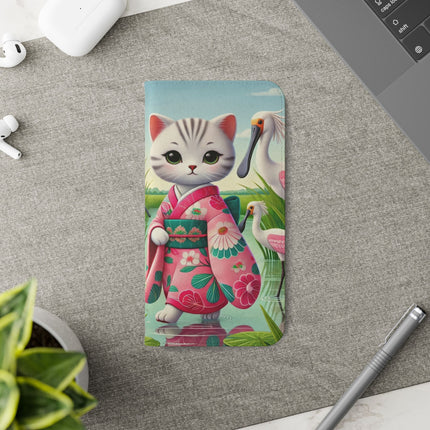 🦩🌸 Geisha Kitten Strolls Among the Spoonbills Flip Case – Serene Grace & Marshland Wonder