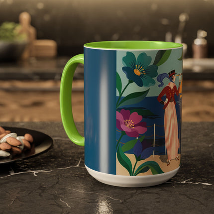 The Lady Of The Golden Horizon Colorful Mugs – Art Deco Coastal Elegance