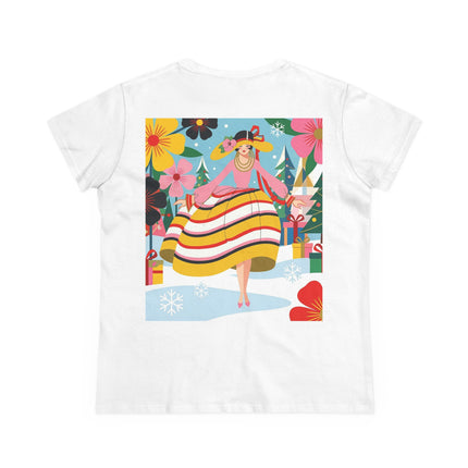 🎄🌸 The Christmas Blossom Belle Cotton Tee – Art Deco Holiday Whimsy