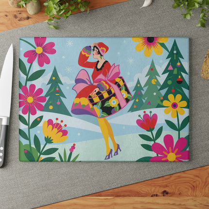 🌸❄️ The Lady Of The Colorful Winter Garden Glass Cutting Board – Art Deco Holiday Fantasy