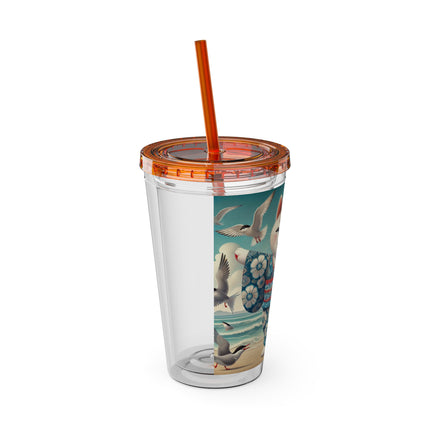 Geisha Kitten by the Seaside Sunsplash Tumbler with Straw, 16oz