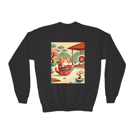 Archer Kitten in the Zen Garden Youth Crewneck Sweatshirt – Focus, Calm & Playful Precision