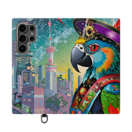 🦜⚡ Tech Plumes Flip Case – Neon Feathers & Futuristic Brilliance