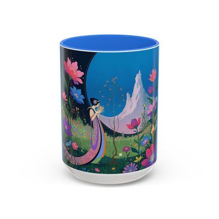 The Lady And The Moonlit Peak Colorful Mugs – Art Deco Alpine Garden Elegance