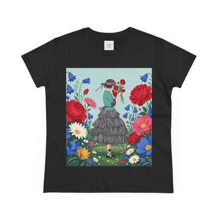🌹💙 The Rose Bouquet Promenade Cotton Tee – Art Deco Floral Whimsy