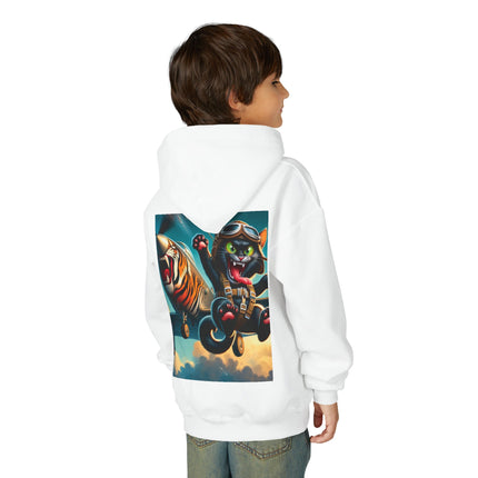 Parachuting Cat Commando Youth Hooded Sweatshirt – Action, Adventure & Wild Imagination