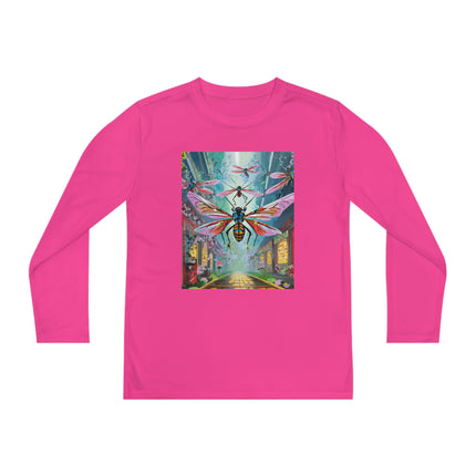 Neon Swarm Youth Long Sleeve Competitor Tee – Cyberpunk Flight & Futuristic Energy