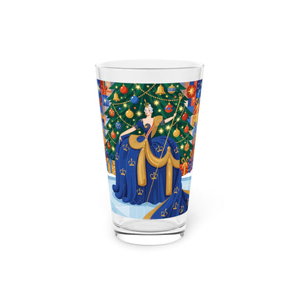 👑🎄 The Christmas Queen Of Golden Bells Pint Glass – Art Deco Holiday Elegance