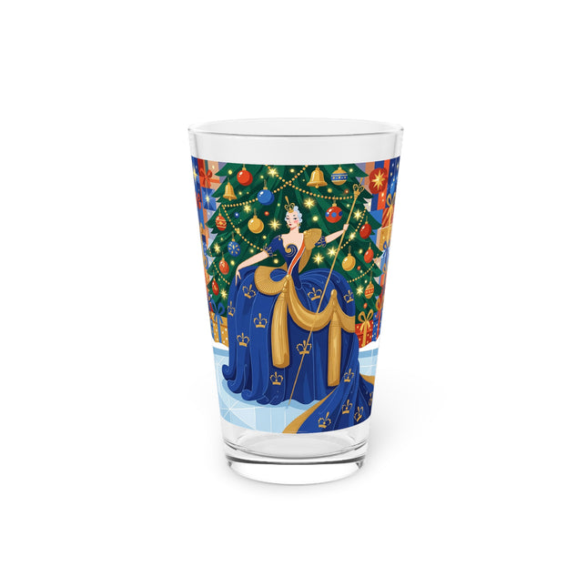 👑🎄 The Christmas Queen Of Golden Bells Pint Glass – Art Deco Holiday Elegance
