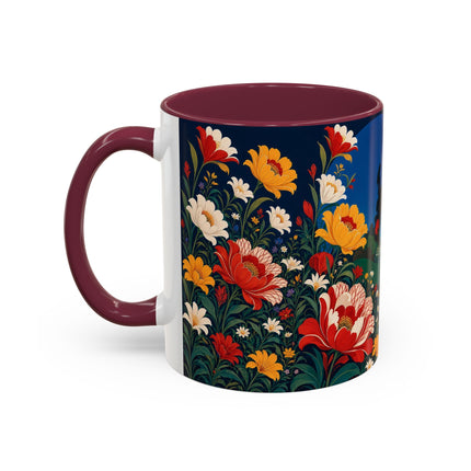 🌺🐦 The Enchanted Birdcage Garden Colorful Mug – Art Deco Floral Fantasy