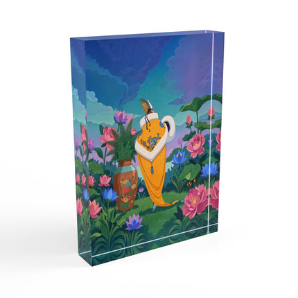 🪷✨ The Lady Of The Golden Lotus Stroll Acrylic Art Block – Art Deco Floral Elegance