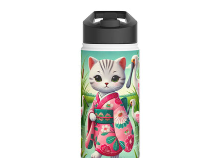 Geisha Kitten Strolls Among the Spoonbills Stainless Steel Water Bottle, Standard Lid